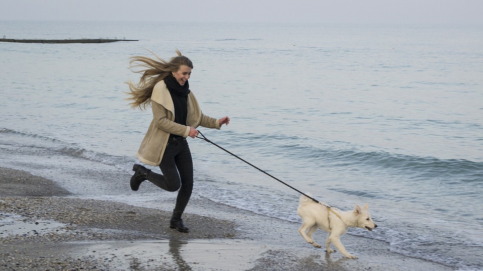 pet owner running with her dog near the sea